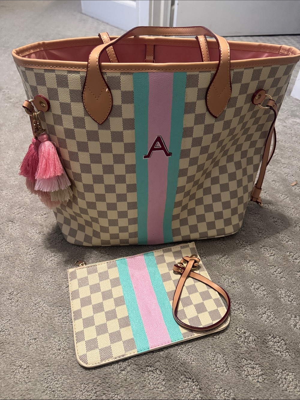 Checkerboard Tote with Pink & Mint Stripe Accent “A” initial